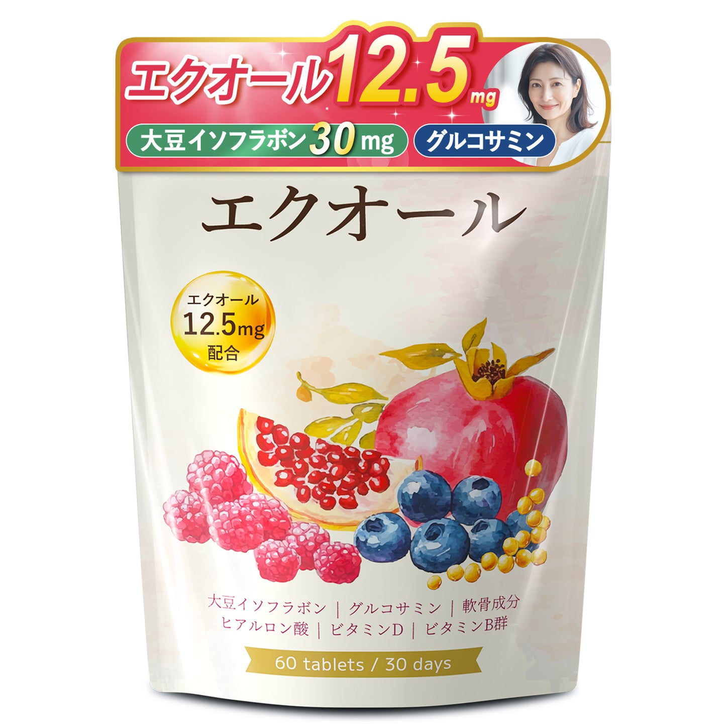 Vanoble エクオール12.5mg 大豆イソフラボン 30mg サプリメント グルコサミン 軟骨成分 マカ 高麗人参 α-リポ酸 ビタミンC アスタキサンチン 植物乳酸菌 ヒアルロン酸 ビタミンB群 美容サポート GMP認定工場 30日分60粒