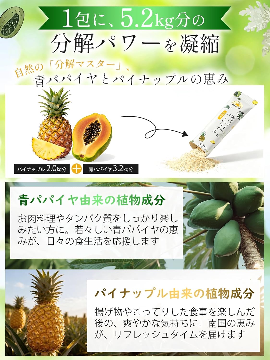 Vanoble 青パパイヤ オリゴ糖 パイナップル 酵素 サプリメント 植物乳酸菌 600億個 GMP認定工場 パイナップル風味 粉末 90g（3g×30包）/ 1袋