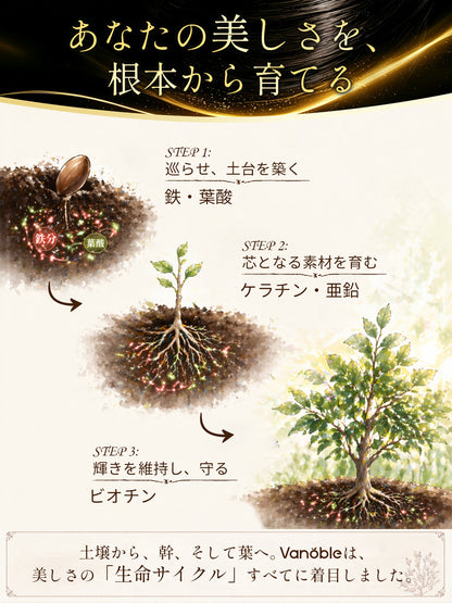 Vanoble ビオチン ケラチン サプリ ノコギリヤシ コラーゲン 鉄分 葉酸 亜鉛 ビタミンB群 美容サポート 黒髪 GMP認定工場 60粒