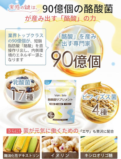 Vanoble 酪酸菌 サプリ 90億個 乳酸菌 ビフィズス菌 オリゴ糖 食物繊維 イヌリン 菌活 耐酸性カプセル採用 GMP認定工場 60粒30日分