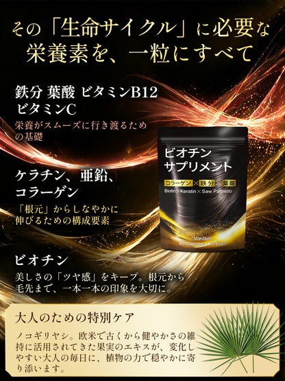 Vanoble ビオチン ケラチン サプリ ノコギリヤシ コラーゲン 鉄分 葉酸 亜鉛 ビタミンB群 美容サポート 黒髪 GMP認定工場 60粒