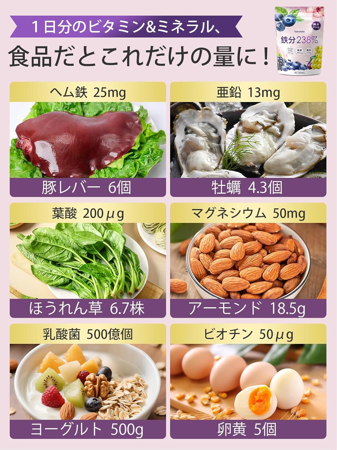 Vanoble 鉄分 サプリ 25mg 葉酸 ヘム鉄 亜鉛 マルチビタミン 乳酸菌 マグネシウム 女性 男性 妊活 GMP認定工場 無添加 90粒